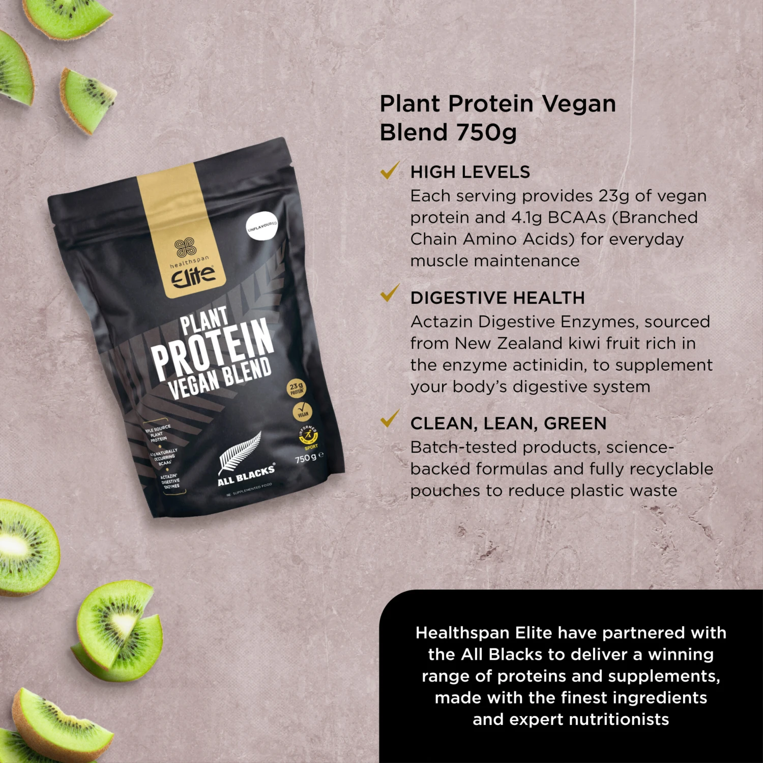 Healthspan Elite All Blacks Plant Protein Vegan Blend 750g Unflavoured Vegan 4 Healthspan Elite All Blacks Plant Protein Vegan Blend 750g Unflavoured Vegan - Image 2