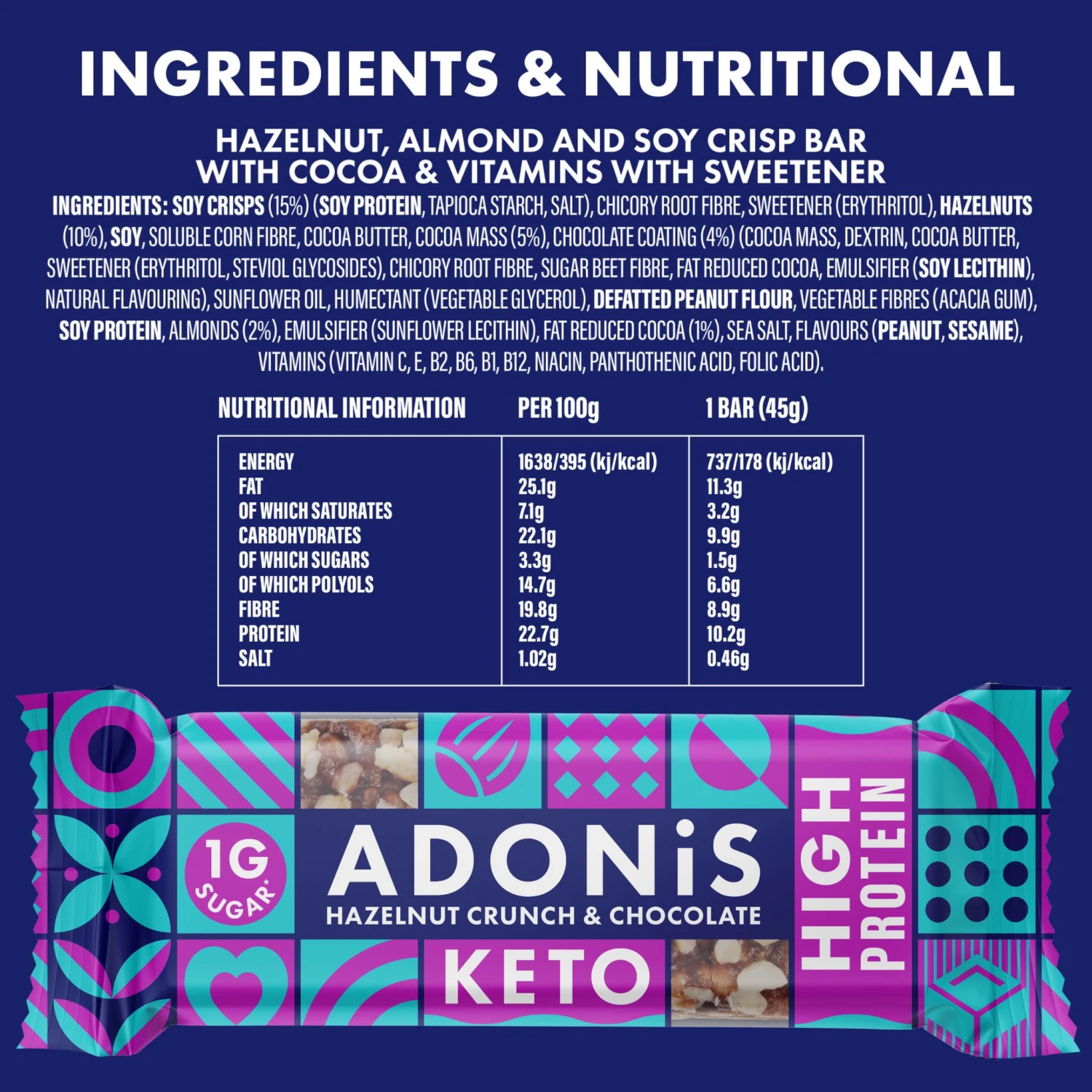 Adonis Keto Protein Bar Hazelnut Crunch & Chocolate 16x45g 6 Adonis Keto Protein Bar Hazelnut Crunch & Chocolate 16x45g - Image 4