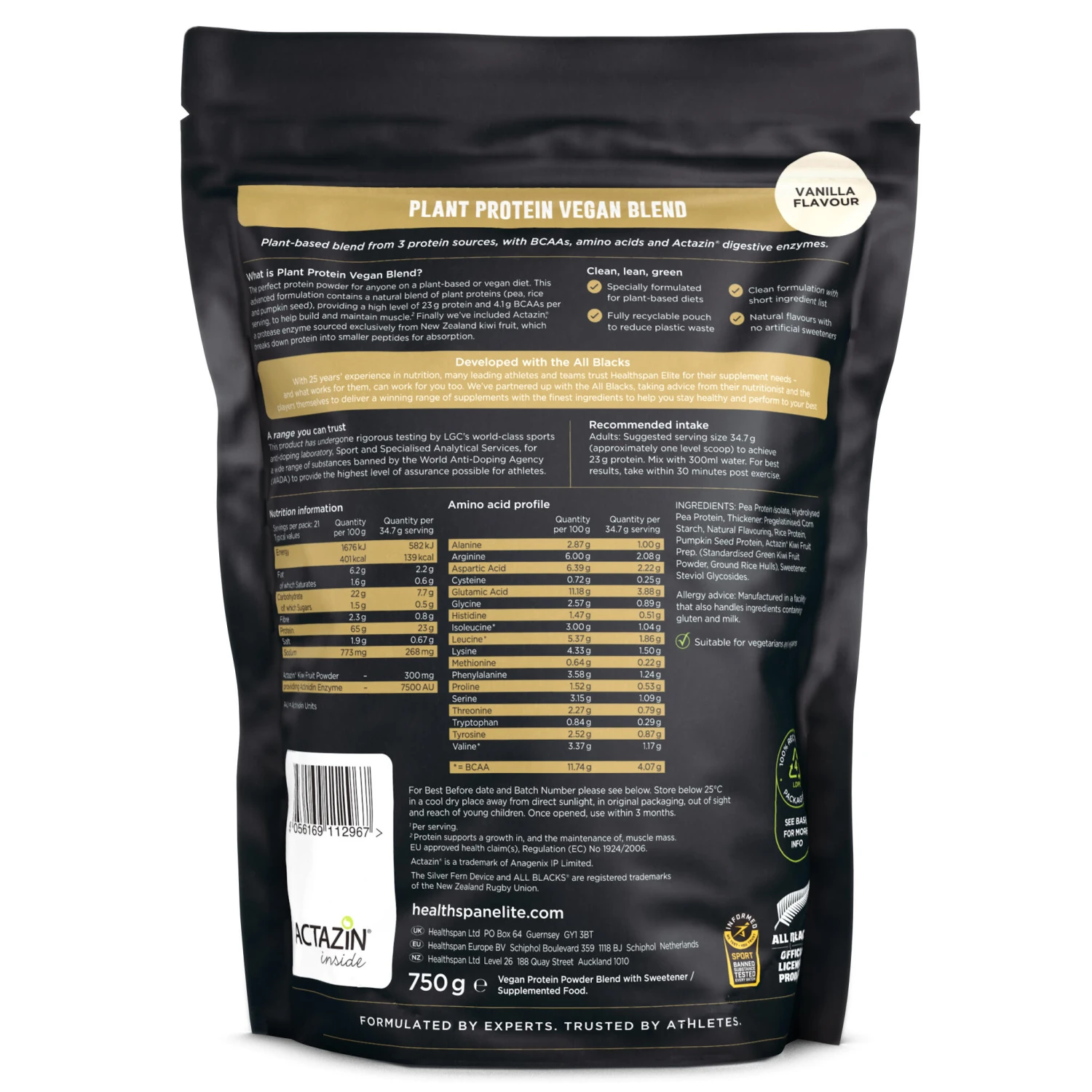 Healthspan Elite All Blacks Plant Protein Vegan Blend 750g Vanilla Vegan 8 Healthspan Elite All Blacks Plant Protein Vegan Blend 750g Vanilla Vegan - Image 6