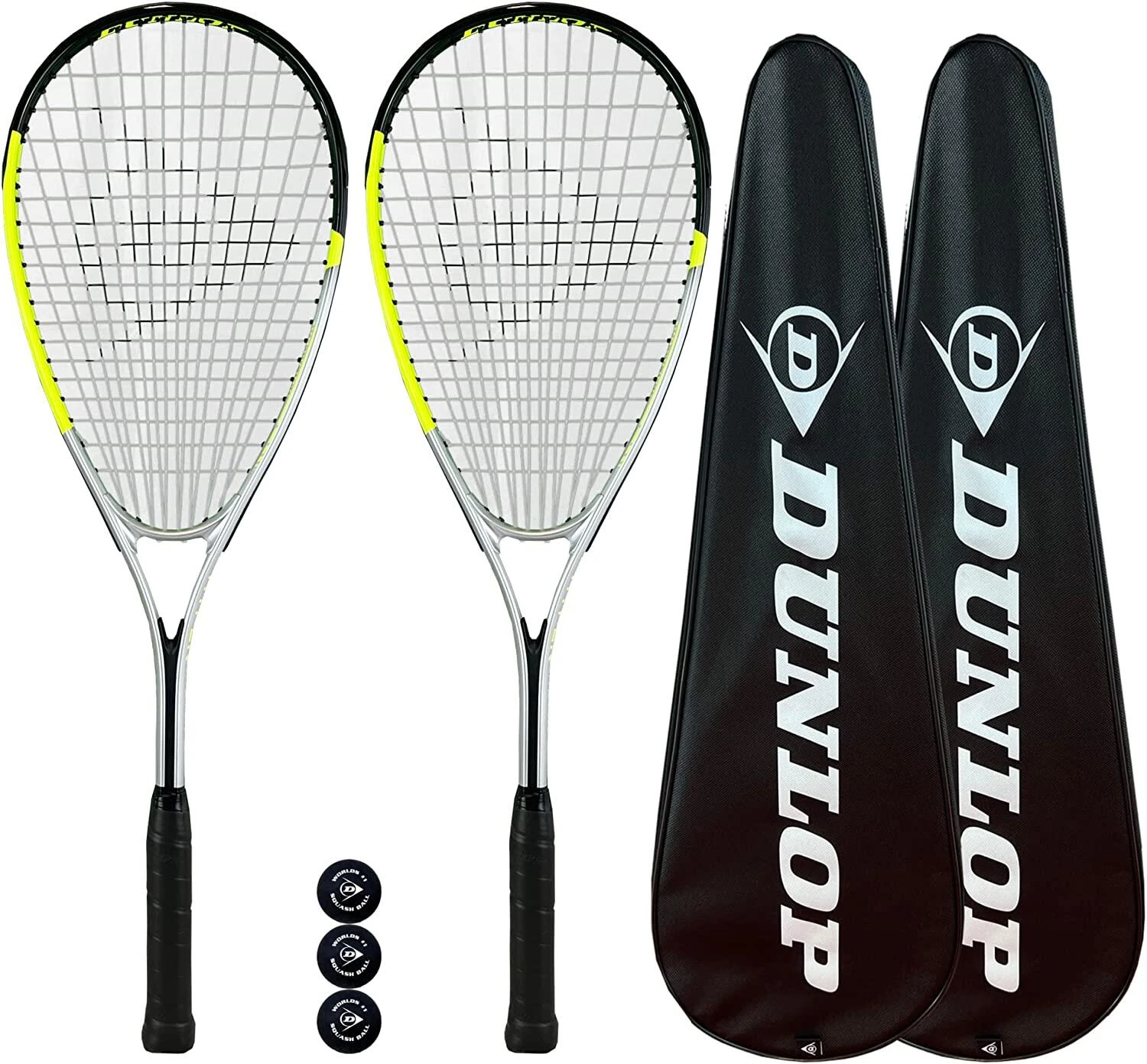 Dunlop Hyper Lite Pro Squash Racket Twin Pack, Inc Covers & 3 Squash Balls 3 Dunlop Hyper Lite Pro Squash Racket Twin Pack, Inc Covers & 3 Squash Balls