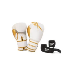 Reebok Small Gold & White Combat 12oz Boxing Gloves + Wraps Set